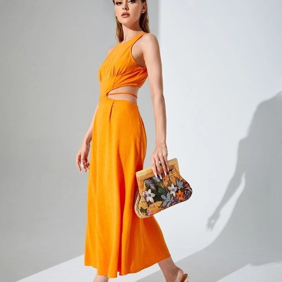 Orange Preppy Womens Floral Embroidered Sequin Decor Straw Bag - Picture 3 of 5